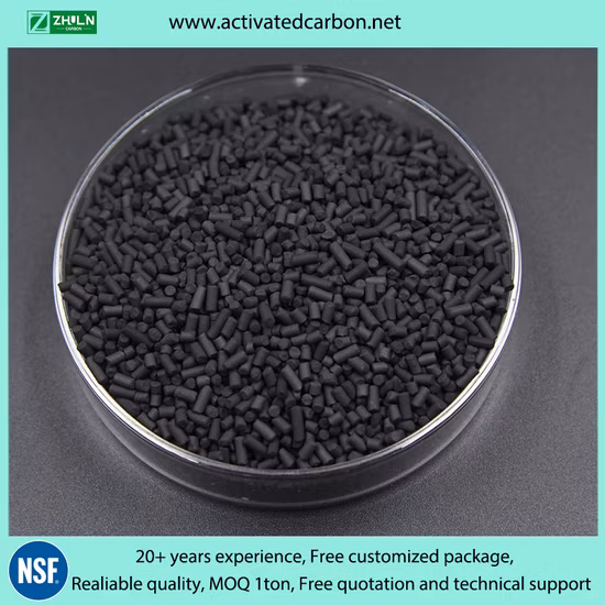 Colonne de granulés extrudés spéciaux de charbon de noix de coco de 4 mm / charbon actif granulaire fabriqué à partir de charbon imprégné de KOH, Ki, Naoh, cuivre, norme ASTM